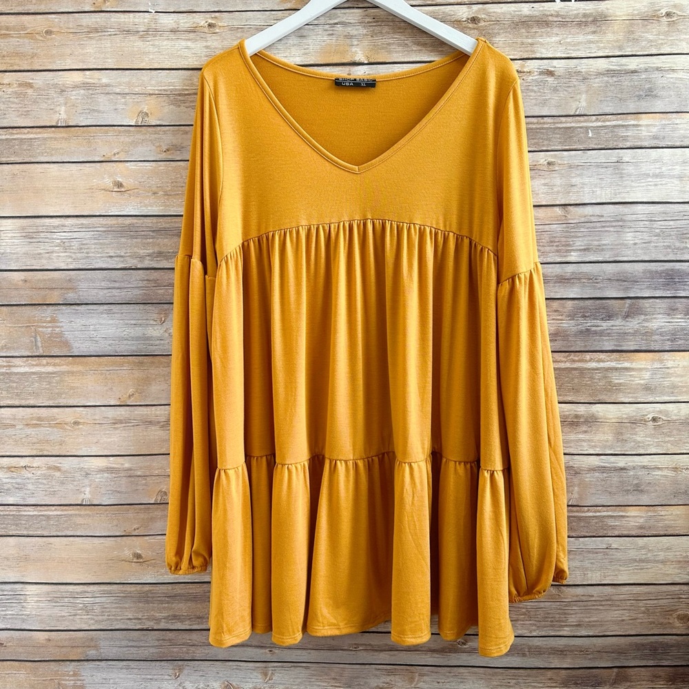 Shop Basic USA Dress Women’s Size XL Gold Mini Long Sleeve V-Neck NWOT